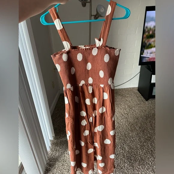 Altar'd State Brown / Burnt Orange and White Polka Dot Midi Dress - Picture 5 of 8